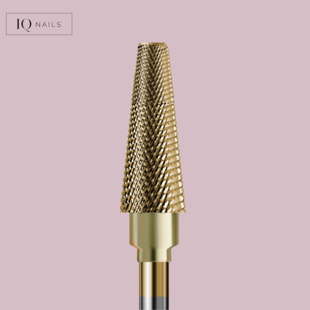 Sintered carbide bit ideal for hybrid polish, gel and pedicure with gold coating – gentle cone – iqnails