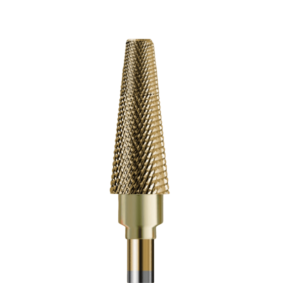 Sintered carbide bit ideal for hybrid polish, gel and pedicure with gold coating – gentle cone – iqnails